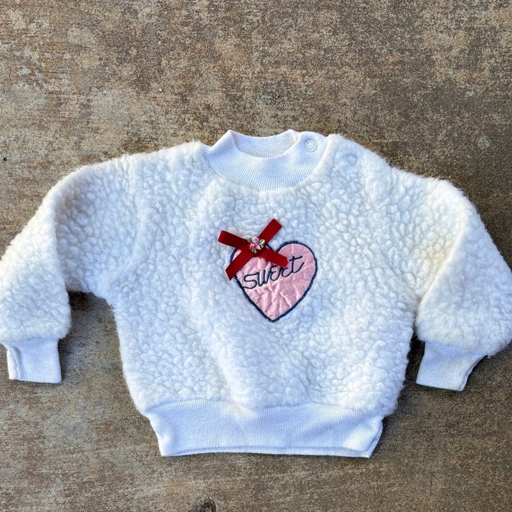 Vintage Valentine Baby Fuzzy Sweater with Heart Patch VGUC ~ Size 12-18 Months